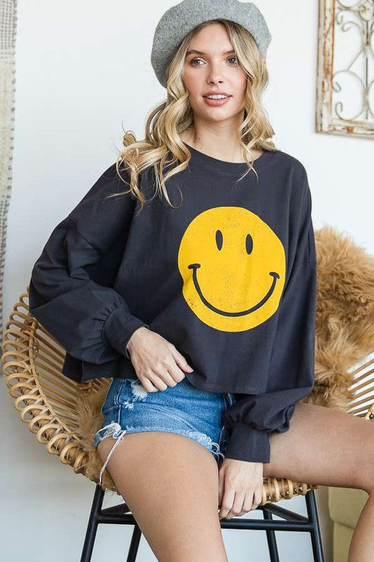 Smiley Face Long Sleeve Crop Top | Available in 4 Colors